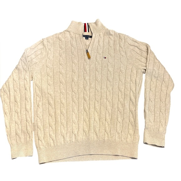 Tommy Hilfiger Cream Tan Cable Knit Pullover Sweater 1/4 Zip Neck Logo Men’s L - Picture 1 of 14